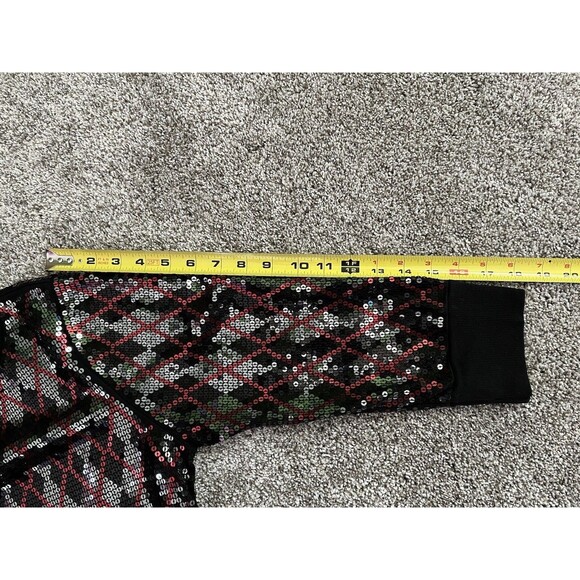 EXPRESS Black Red Silver Sequin Pullover Sweatshirt Top 3/4” Sleeve Size Large - Picture 8 of 10